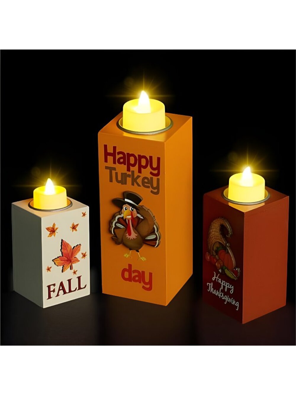 Fall Decorations for Home 3 PCS Wood Candle Holders with LED Tea Lights